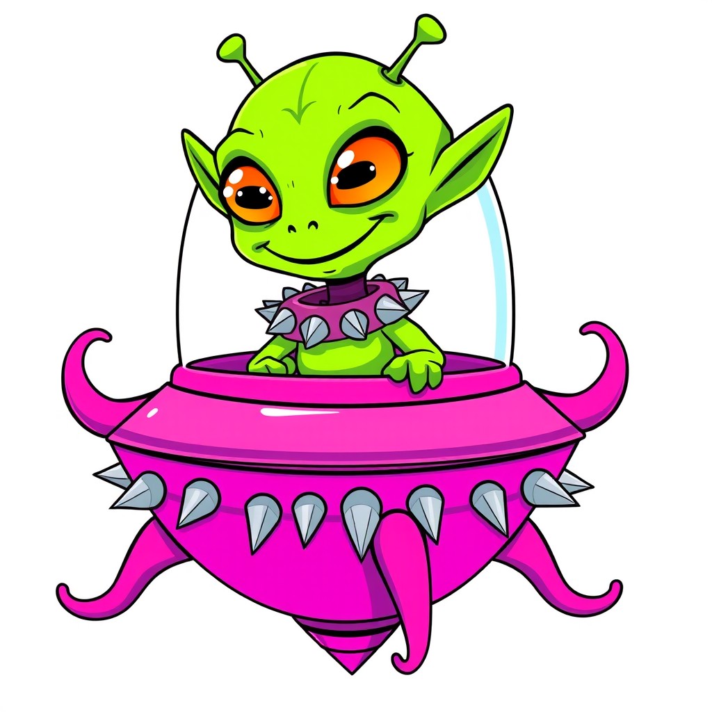 Cartoon-style line art featuring a green alien with a large head, two prominent antennae, big black eyes with bright orange pupils, and a cheerful smiling mouth