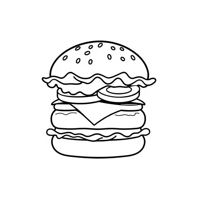 A cute, cartoon-style hamburger drawn in clean black-and-white outlines for a children's coloring book