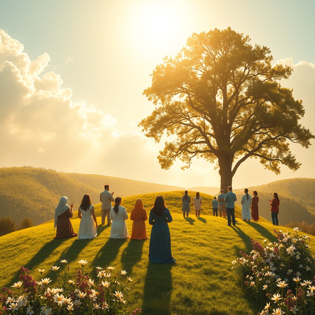 A serene and uplifting religious scene depicting a peaceful landscape bathed in golden sunlight