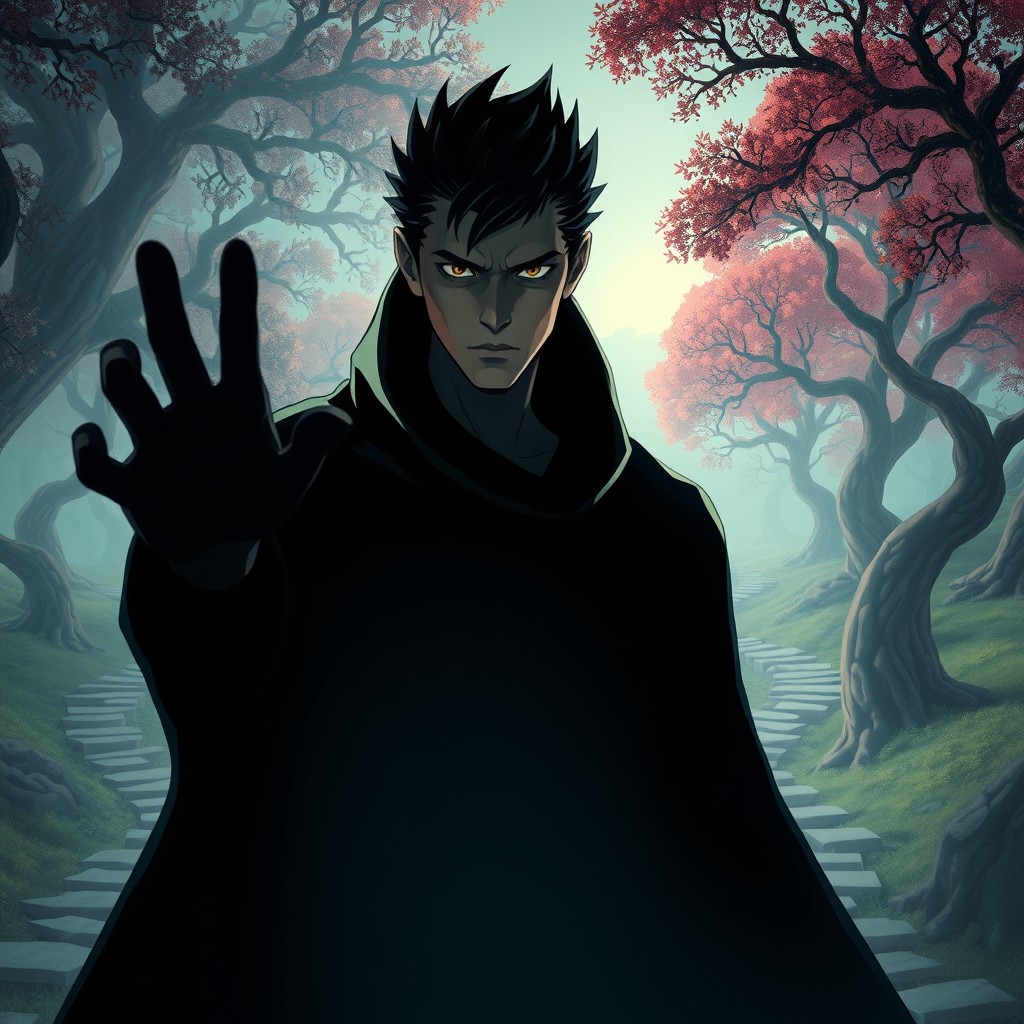 A dark shadow progressively engulfing the main character in a dramatic scene