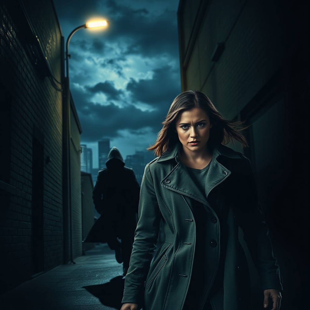 A dramatic movie cover featuring a shadowy figure ominously pursuing the main character, who is a determined young woman dressed in a stylish trench coat