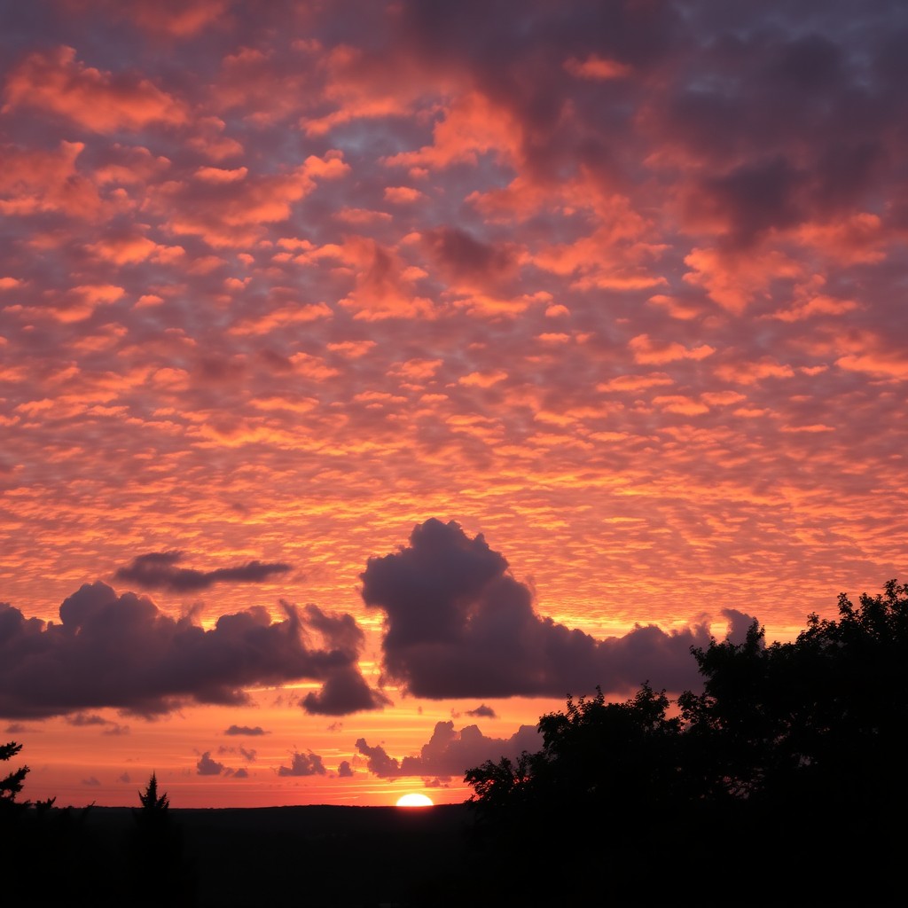 A breathtaking view of the evening sky, filled with vibrant hues of orange, pink, and purple as the sun sets on the horizon