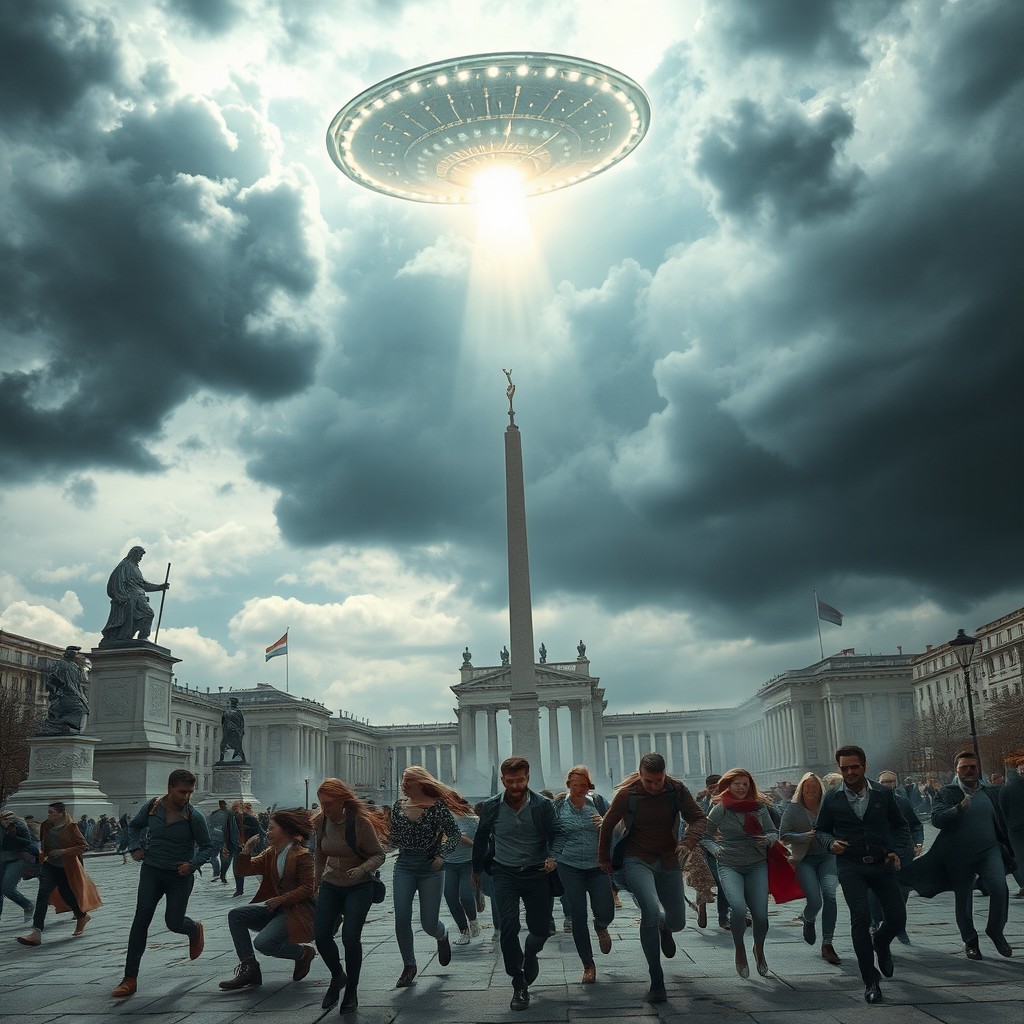 A dramatic scene depicting a UFO disaster at Heroes' Square in Budapest, showcasing a dynamic sky filled with ominous dark clouds and a glowing spaceship crash landing
