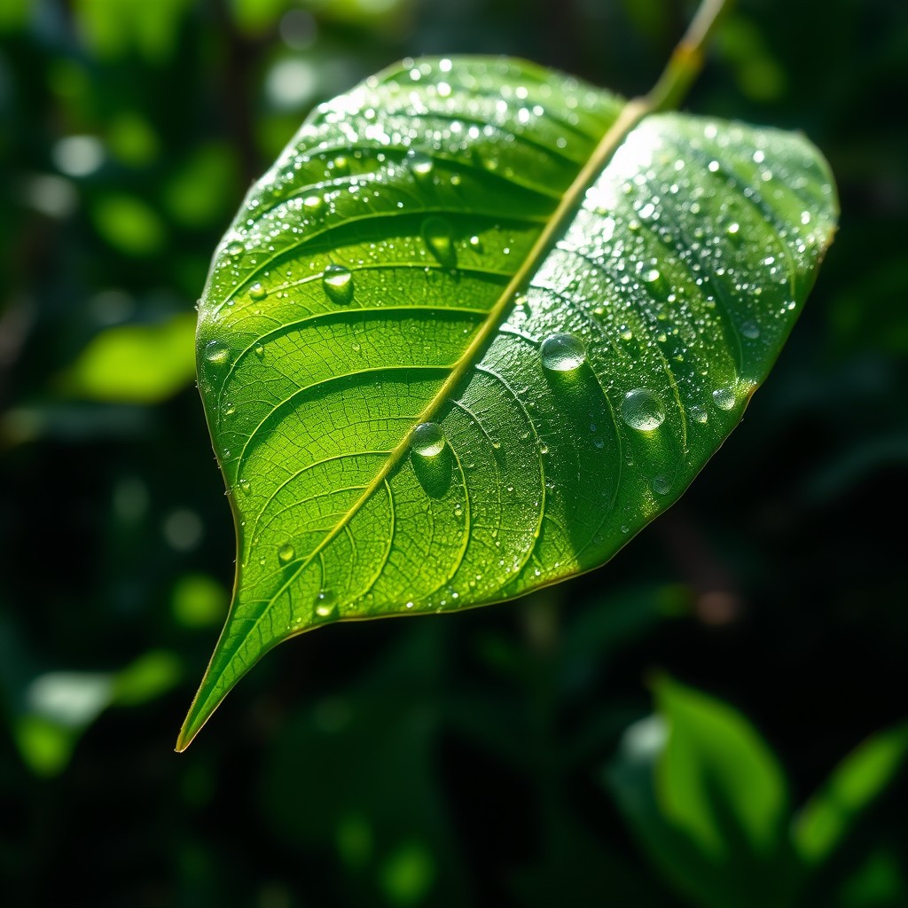 A stunning close-up of a lush, vibrant green leaf glistening with morning dew