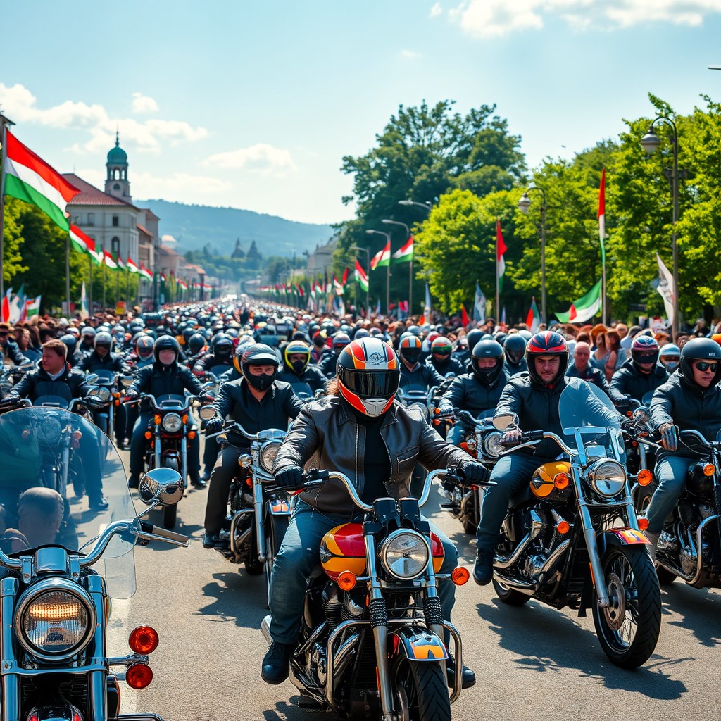 A vibrant scene capturing a motorcycle parade in Lovászpatona, Hungary, with a gathering of motorcycles of various styles including cruisers, sport bikes, and vintage models