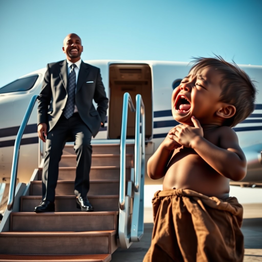 A sharply dressed pastor in a suit and tie, laughing heartily on the steps of a luxurious private jet
