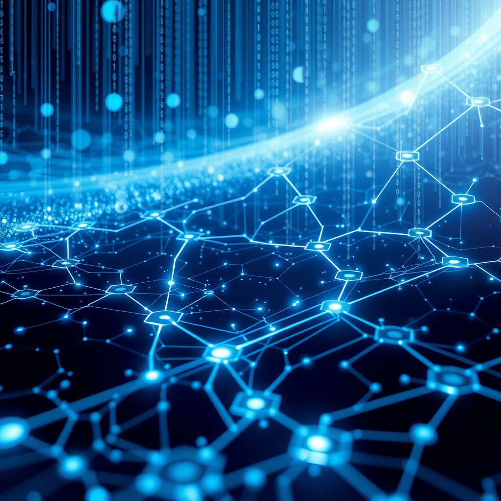 An abstract representation of technology and artificial intelligence, depicting various interconnected lines and circuits glowing softly in shades of blue and silver