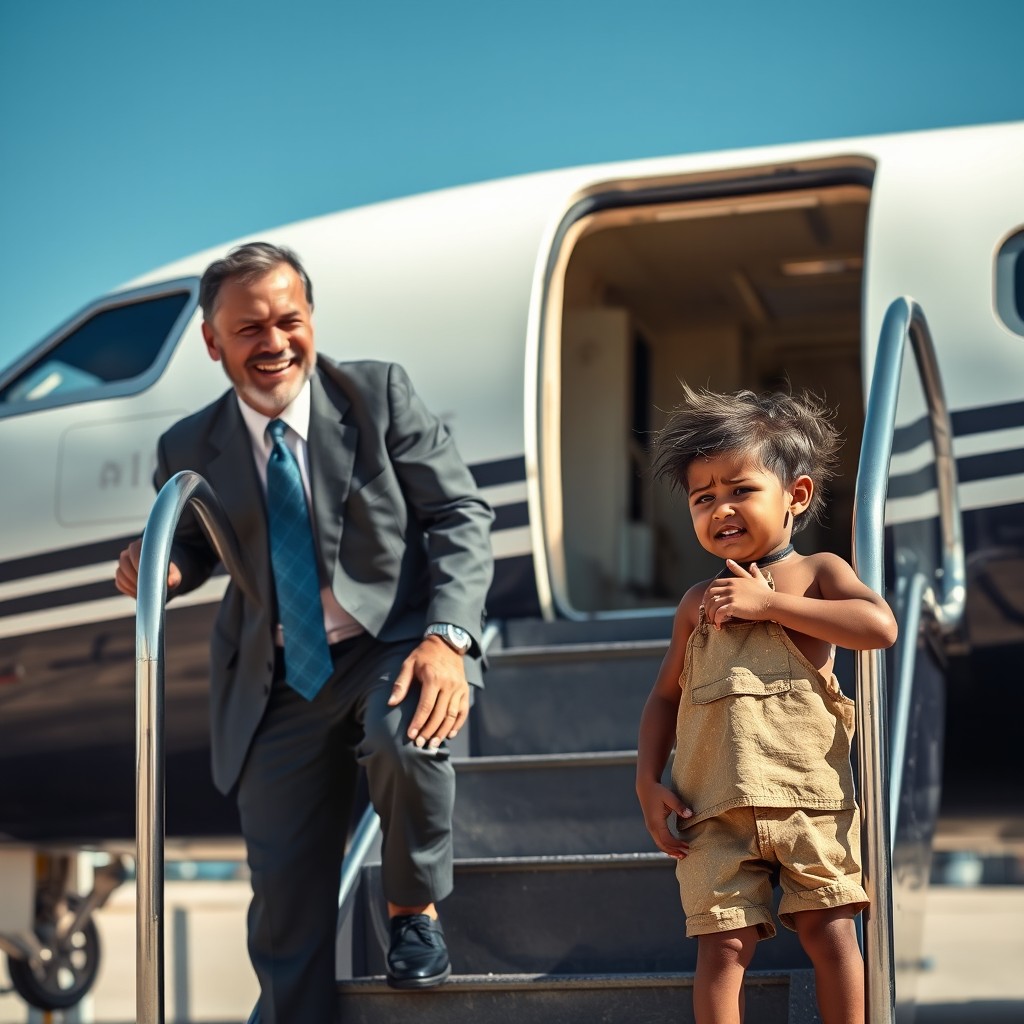 A scene featuring a pastor in a suit and tie laughing heartily on the steps of a private jet