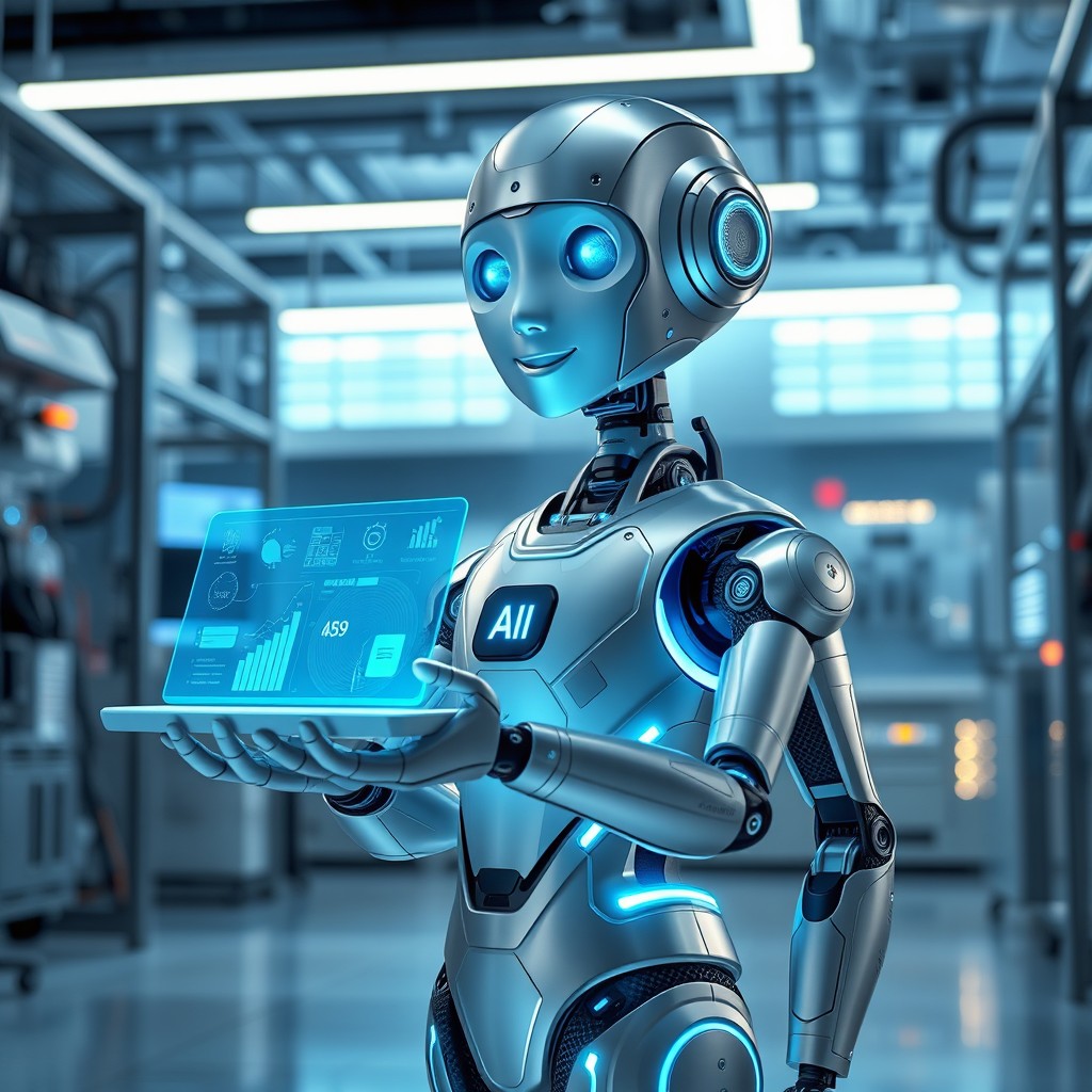 A futuristic AI robot with a sleek metallic body and glowing blue circuitry, standing in a high-tech laboratory filled with advanced technology