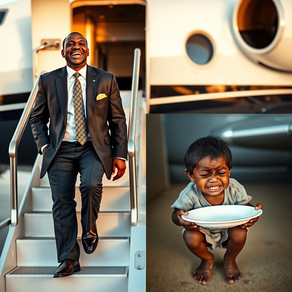 A well-dressed pastor in a suit and tie, laughing heartily on the stairs of a private jet, showcasing a bright and cheerful expression