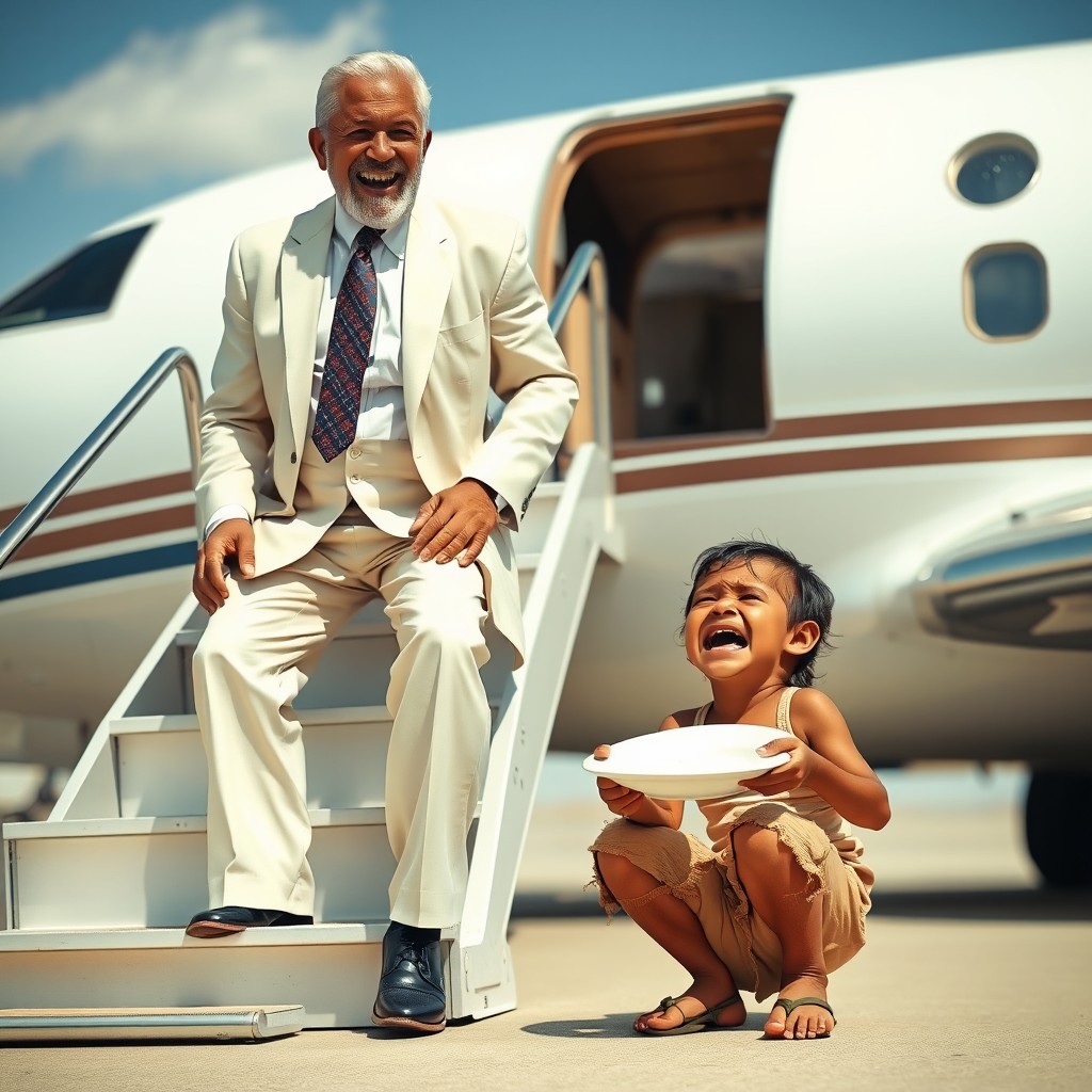 A white pastor in a smart suit and tie is laughing heartily on the steps of a private jet