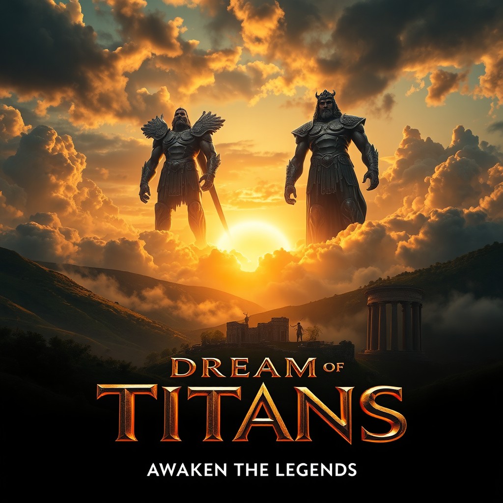 A cinematic movie poster for 'Dream of Titans', featuring majestic mythical titans towering above a lush, ancient landscape filled with dramatic clouds