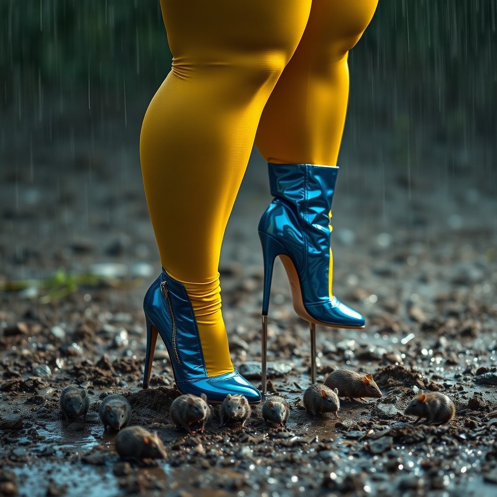 A full-figured, dominant woman weighing 150 kg and standing 180 cm tall, confidently wearing shiny yellow pantyhose, white ankle socks, and striking blue metallic ankle boots with 16 cm tall needle-sharp heels