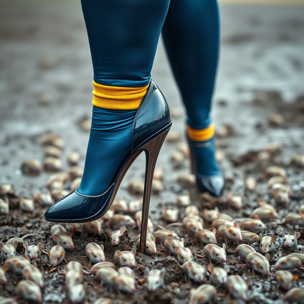 A full-figured, dominant woman weighing 150 kg and standing 180 cm tall, confidently posing in a commanding stance over a rain-soaked muddy ground