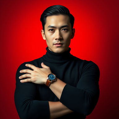 A highly stylized portrait of a confident individual with sharp features and flawless fair skin, sleek black hair, wearing a black turtleneck sweater