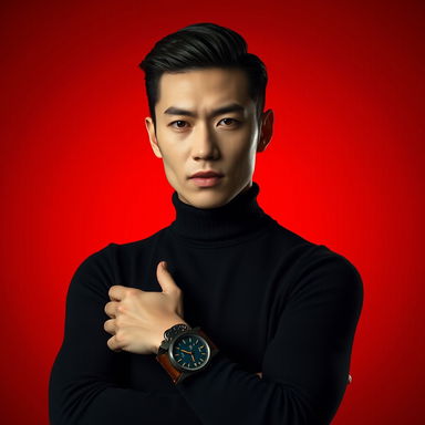 A highly stylized portrait of a confident individual with sharp features and flawless fair skin, sleek black hair, wearing a black turtleneck sweater