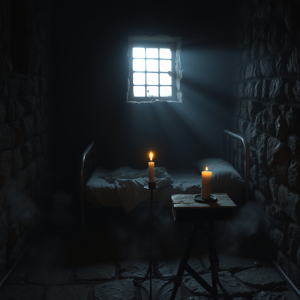 A moody and atmospheric scene depicting a dimly lit cell, featuring stone walls that are slightly damp, with flickers of light from a small barred window casting shadows