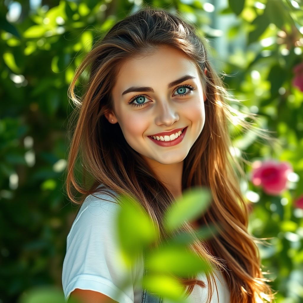 A strikingly beautiful young woman with stunning blue eyes and flowing brown hair