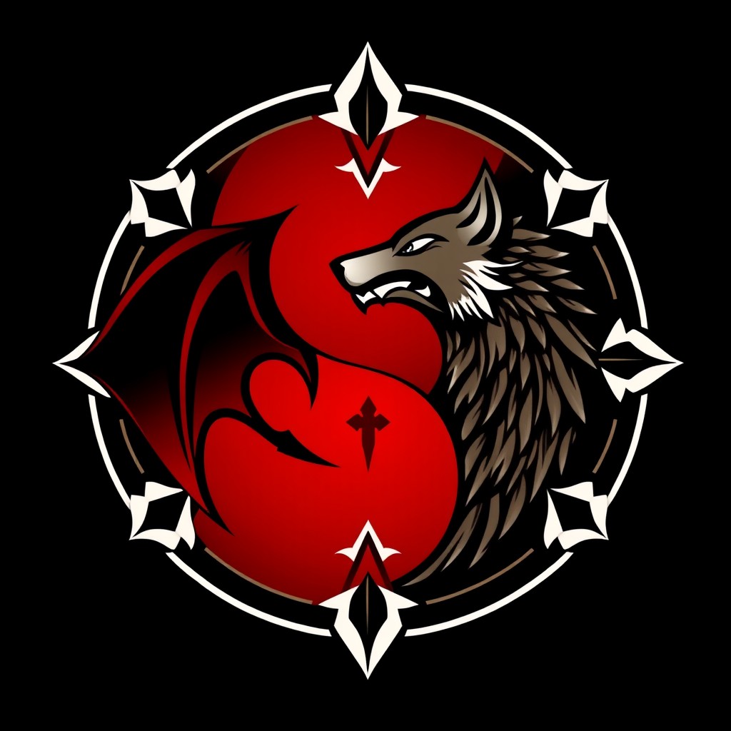 An icon design featuring a harmonious mixture of the yin-yang symbol, artistically integrating elements representing vampires and werewolves