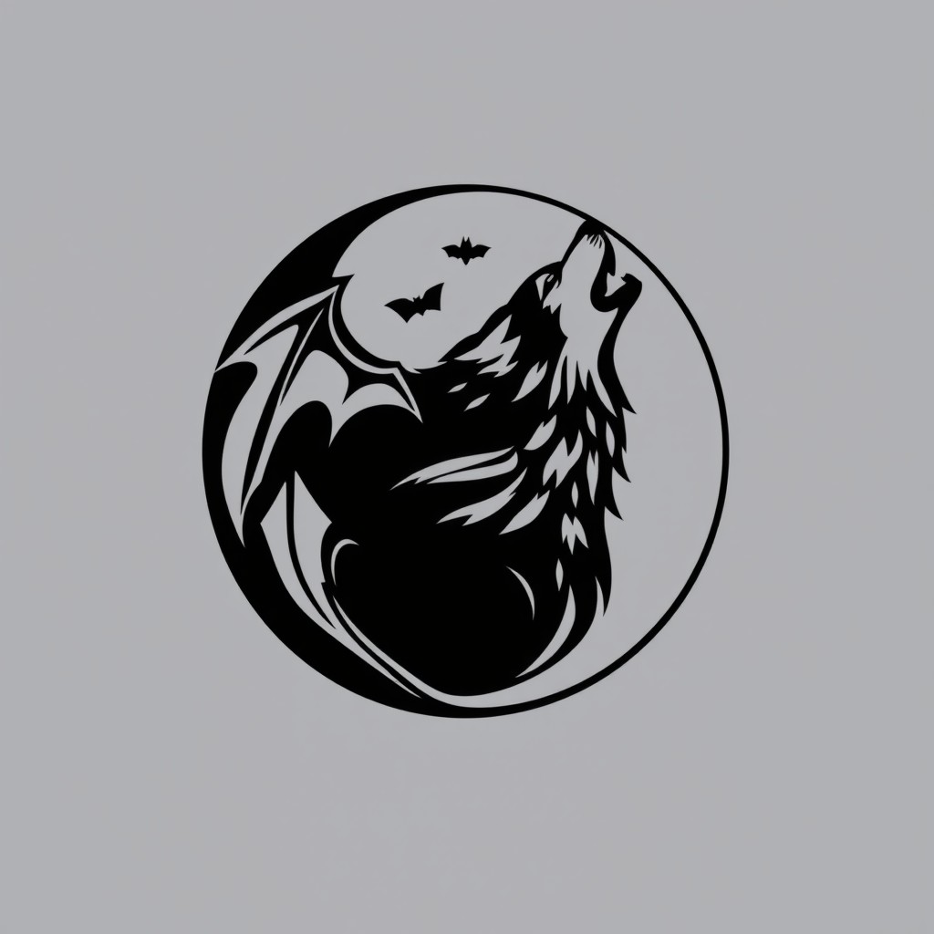 An icon design featuring a harmonious yin-yang symbol, artistically integrating elements that represent vampires and werewolves, in a striking black and white color palette