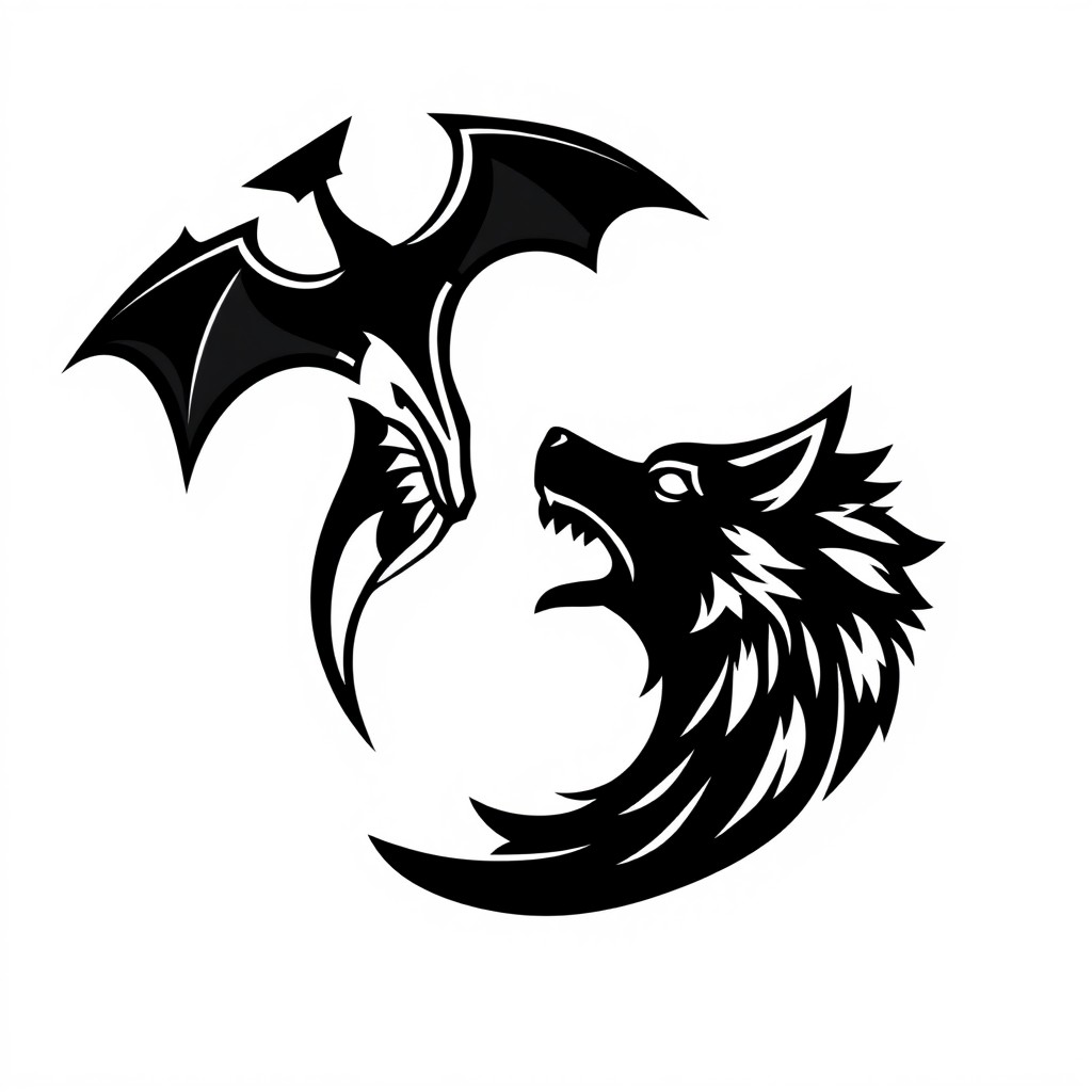 An icon design featuring a creative blend of the yin-yang symbol, representing vampires and werewolves in a striking black and white color scheme
