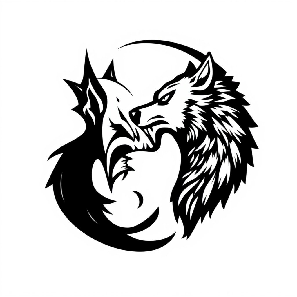 An icon design featuring a unique blend of the yin-yang symbol, representing vampires and werewolves in a striking black and white color scheme