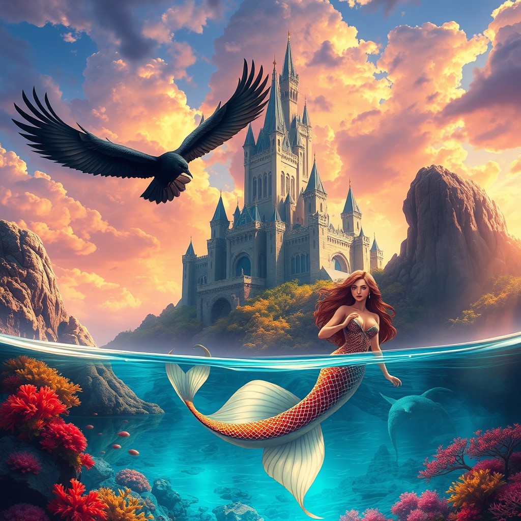 A stunning fantasy scene featuring a majestic fortress set against a dramatic sky