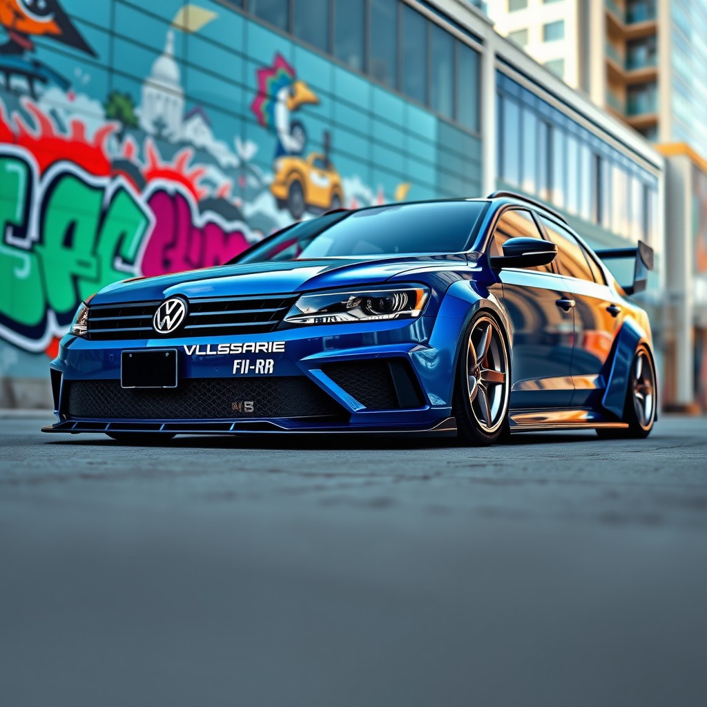 A stunning and detailed depiction of a Biscay blue Volkswagen Passat R36, equipped with sleek BBS FI-R wheels