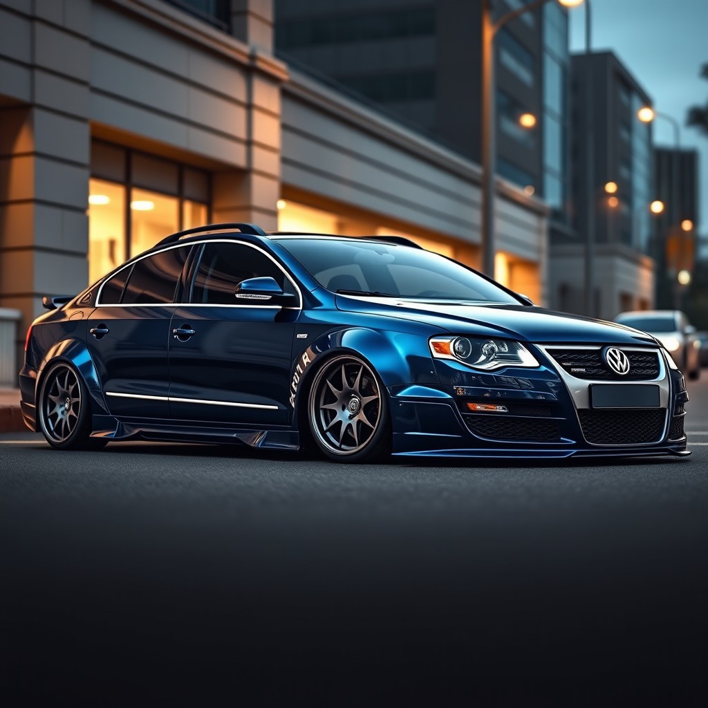 A stunning and detailed depiction of a Biscay blue 2010 Volkswagen Passat R36, showcasing sleek BBS FI-R wheels