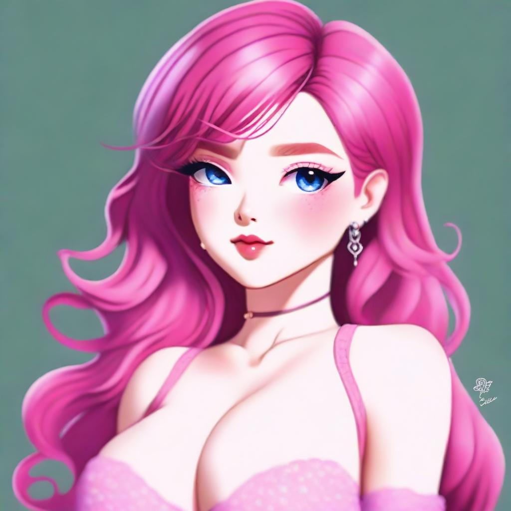 A digital art of a petite transgender character with vibrant pink hair and eyes