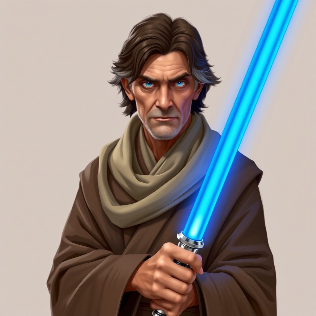 An elderly Jedi master with dark brown hair and blue eyes, showcasing tan skin