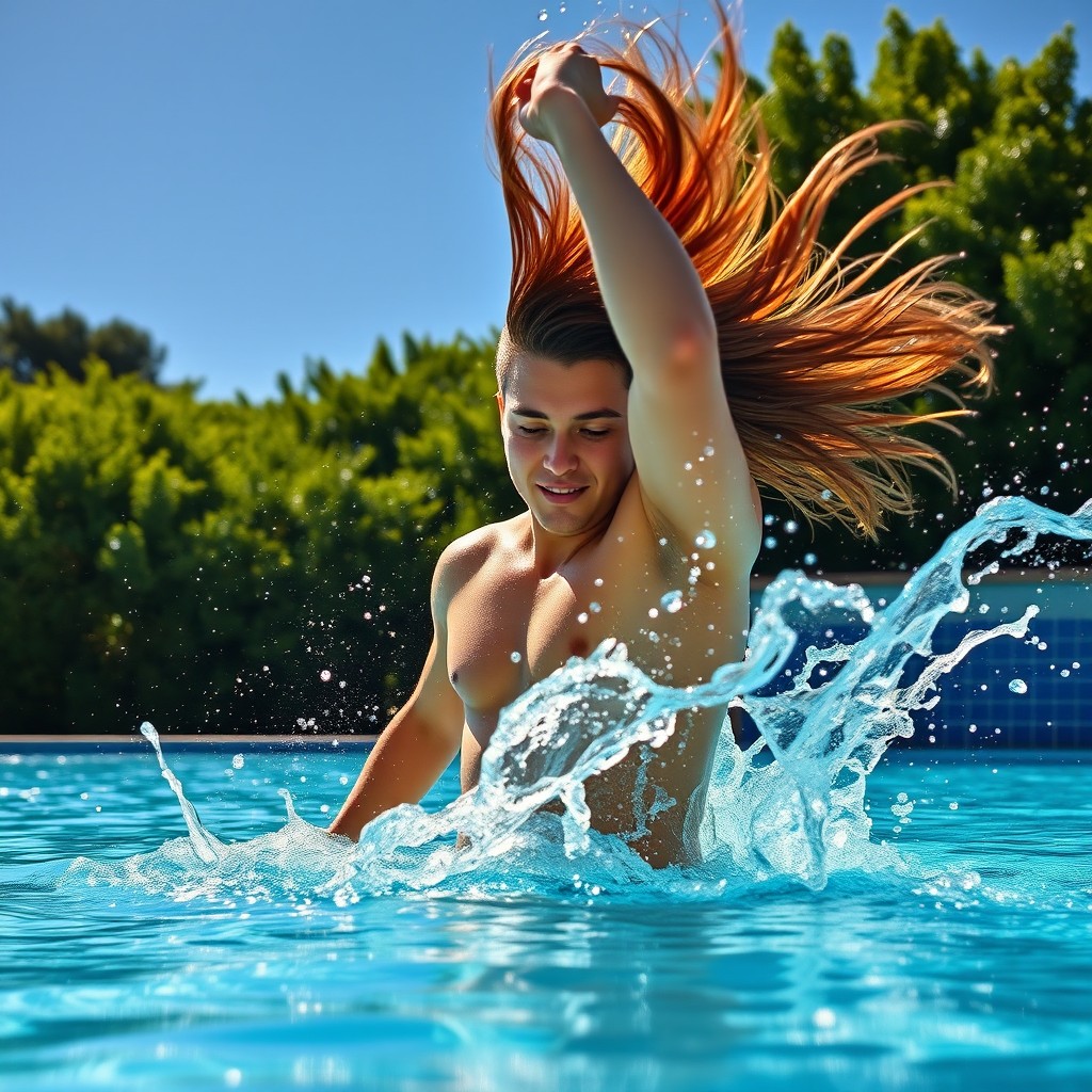 A dynamic scene showcasing a person executing a dramatic hair whip in a crystal clear swimming pool, water splashing around them as the sun glistens off the surface