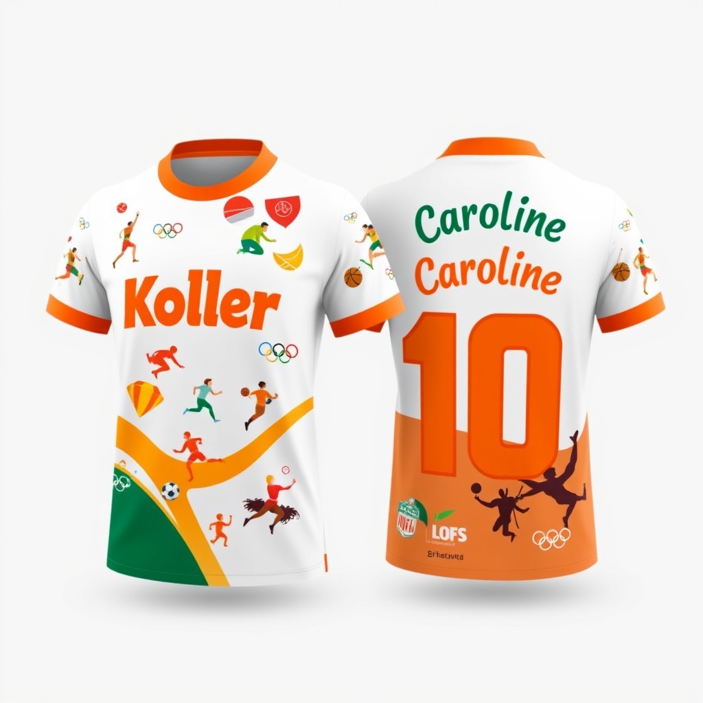 Two matching sports shirts designed for a Brazilian school with an Olympic sports theme