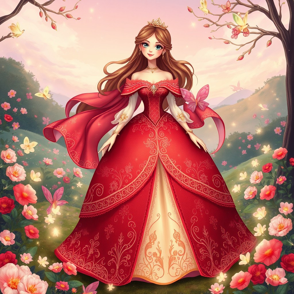 A whimsical illustration of a fairy tale princess adorned in a magnificent gown, richly colored in vibrant reds, soft pinks, and shimmering golds