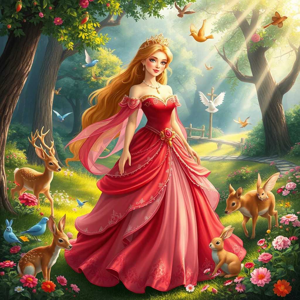 A realistic and enchanting illustration of a fairy tale princess adorned in a stunning gown of vibrant reds, soft pinks, and shimmering golds