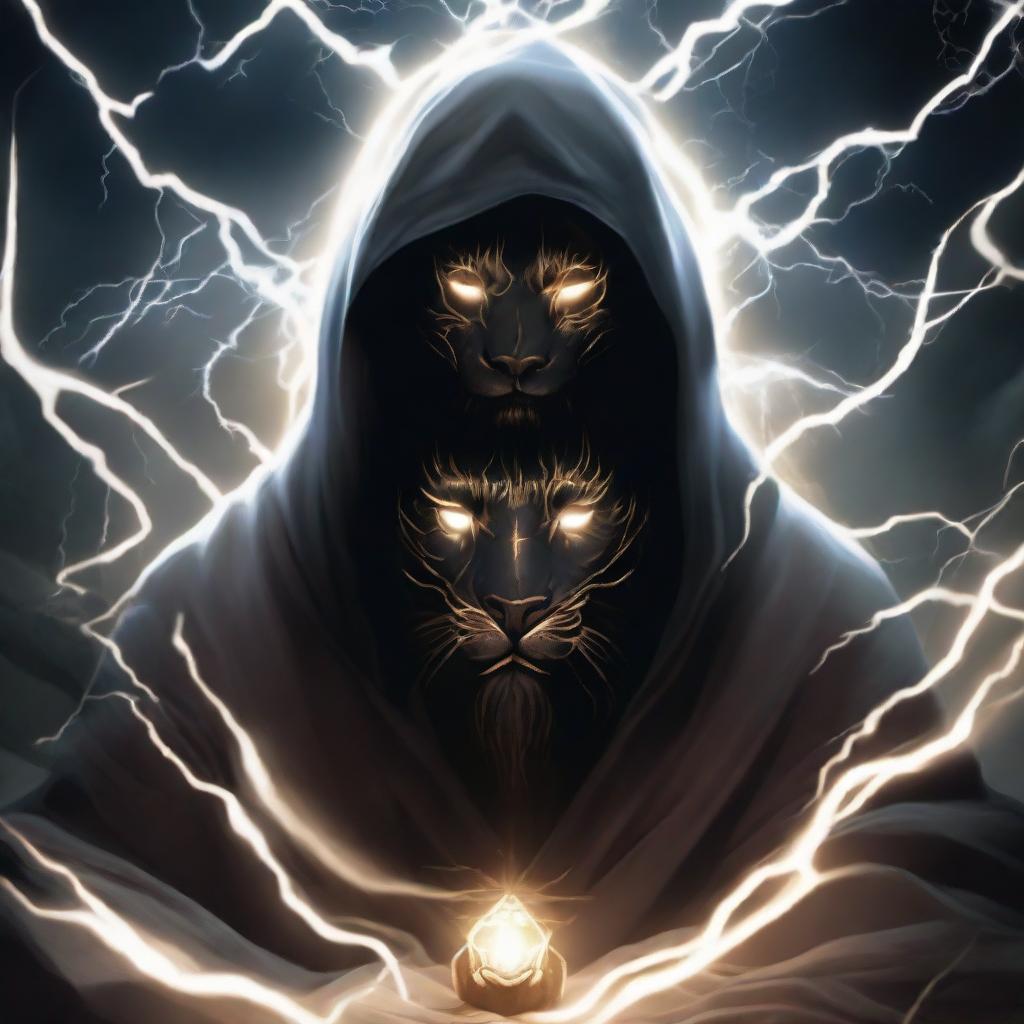 A mysterious man with a black mask and a hooded robe adorned with lion knight symbolism, sits in meditative silence, engulfed in a shield of pulsating lightning energy.