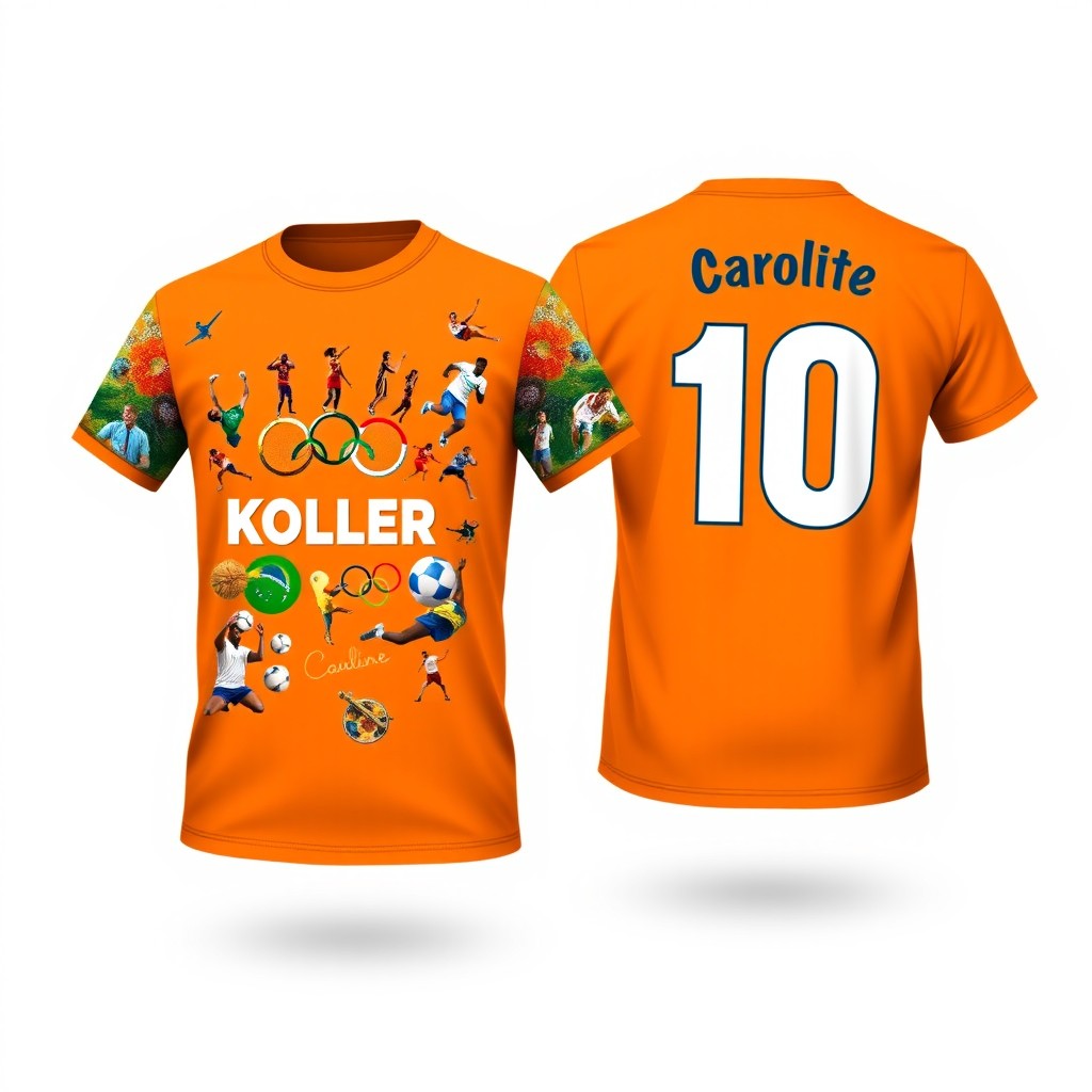 Two t-shirts designed to match, one showcasing the front and the other displaying the back, both in vibrant orange color