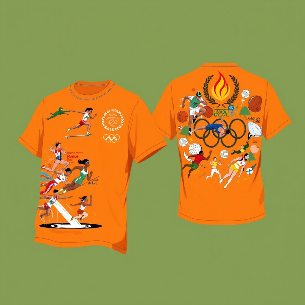 A vibrant orange t-shirt design featuring illustrations representing various Olympic sports on both the front and back