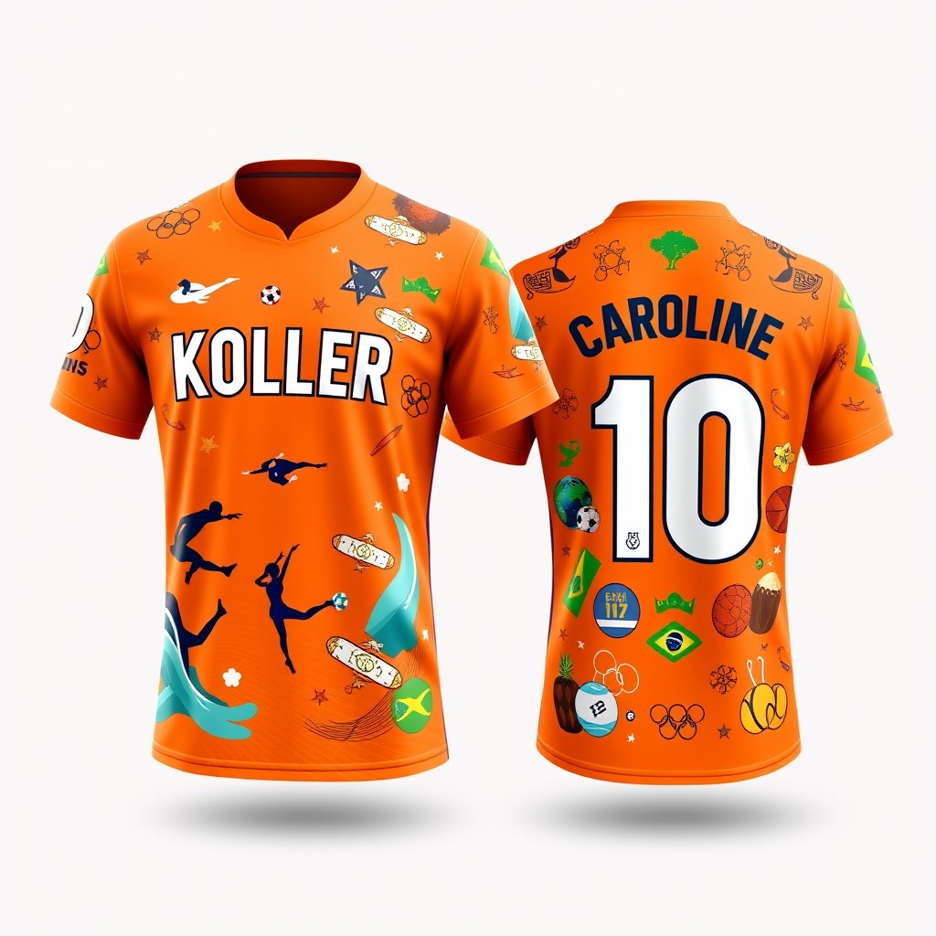 Two matching shirts, one showing the front and the other the back, in a vibrant orange color