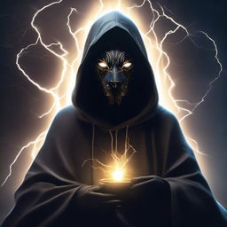 A mysterious man with a black mask and a hooded robe adorned with lion knight symbolism, sits in meditative silence, engulfed in a shield of pulsating lightning energy.