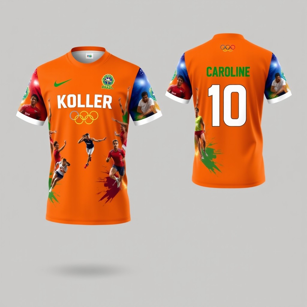 Design two matching shirts, one with a front view and the other with a back view, both in vibrant orange color