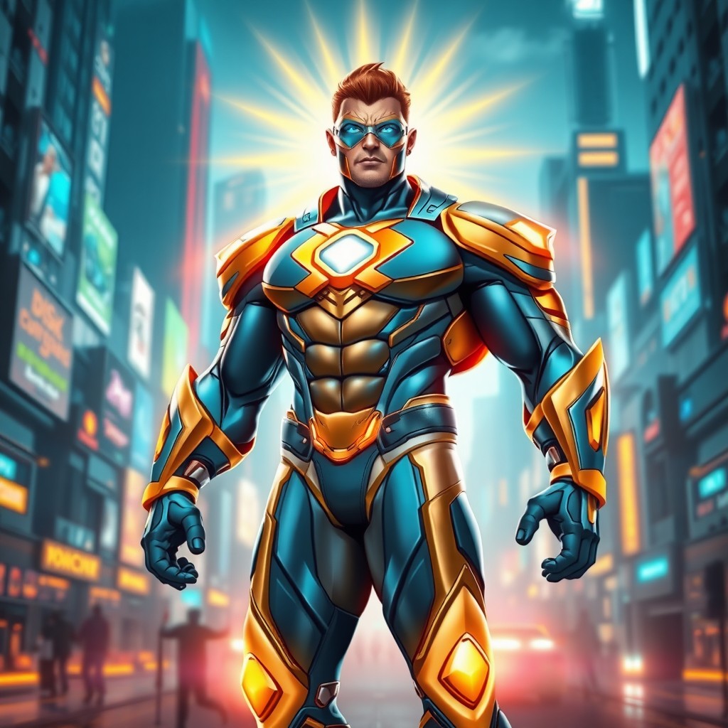 A vibrant superhero character with an extraordinary physique, standing tall and exuding confidence