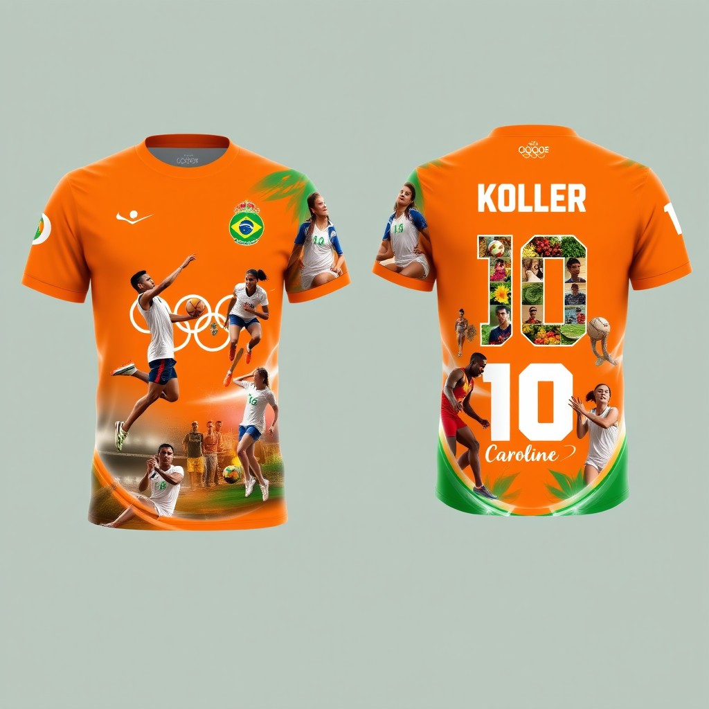Design two matching shirts: one showcasing a vibrant orange background and featuring realistic images representing Olympic sports, while the other has the same orange background and shows complementary images