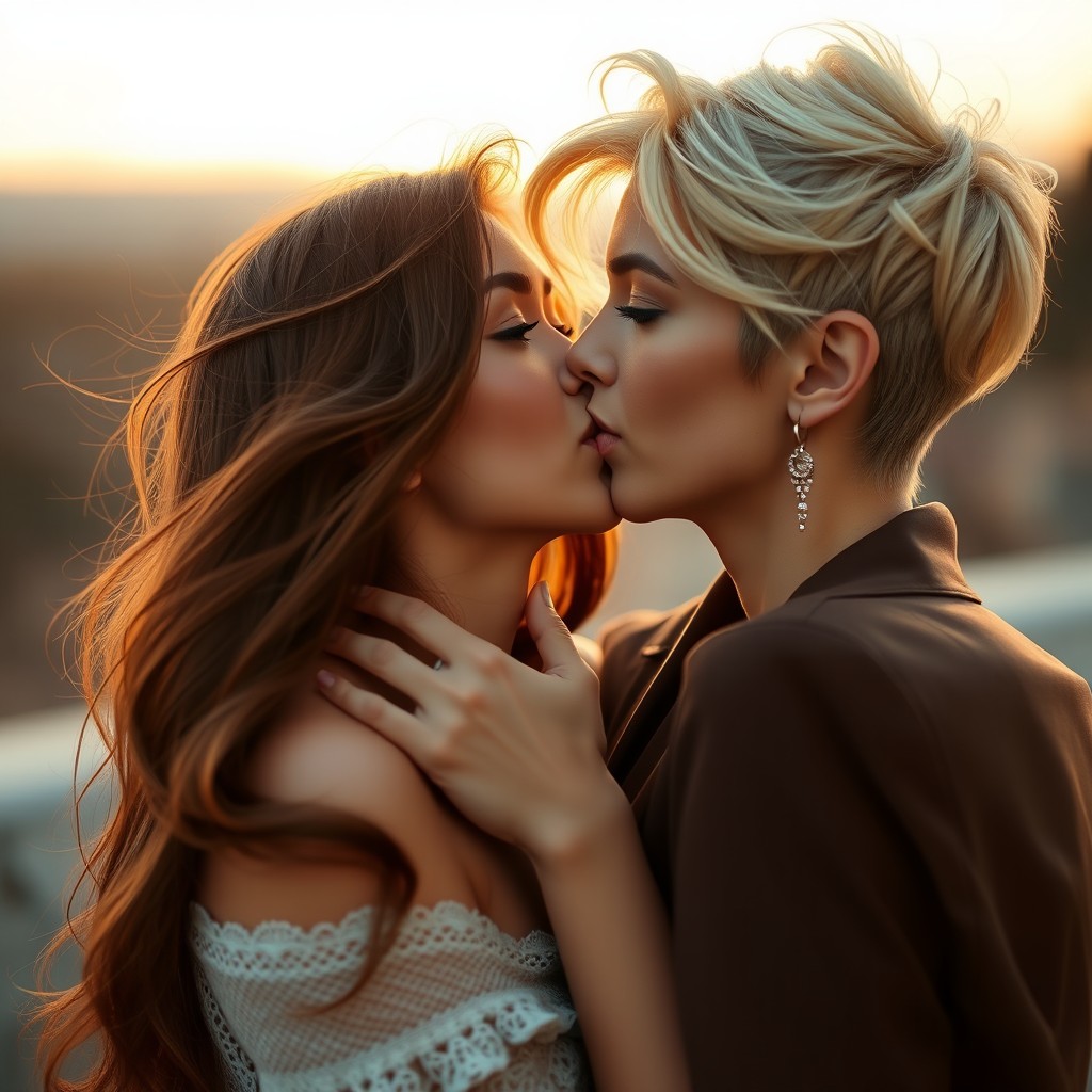Two stunning women around 25 years old, sharing a passionate kiss