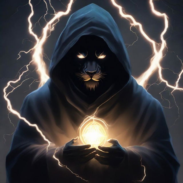 A mysterious man with a black mask and a hooded robe adorned with lion knight symbolism, sits in meditative silence, engulfed in a shield of pulsating lightning energy.