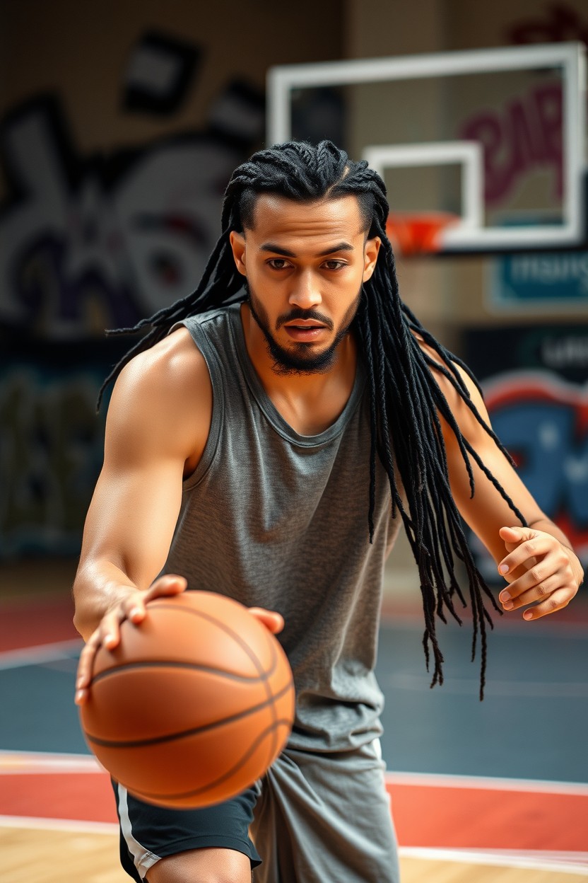 An Asian male street basketball player showcasing his athletic prowess
