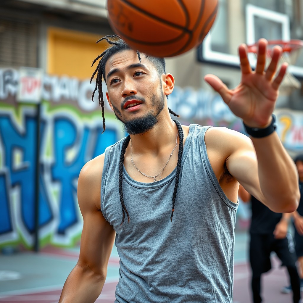 A Japanese male street basketball player demonstrating his skills on an urban court