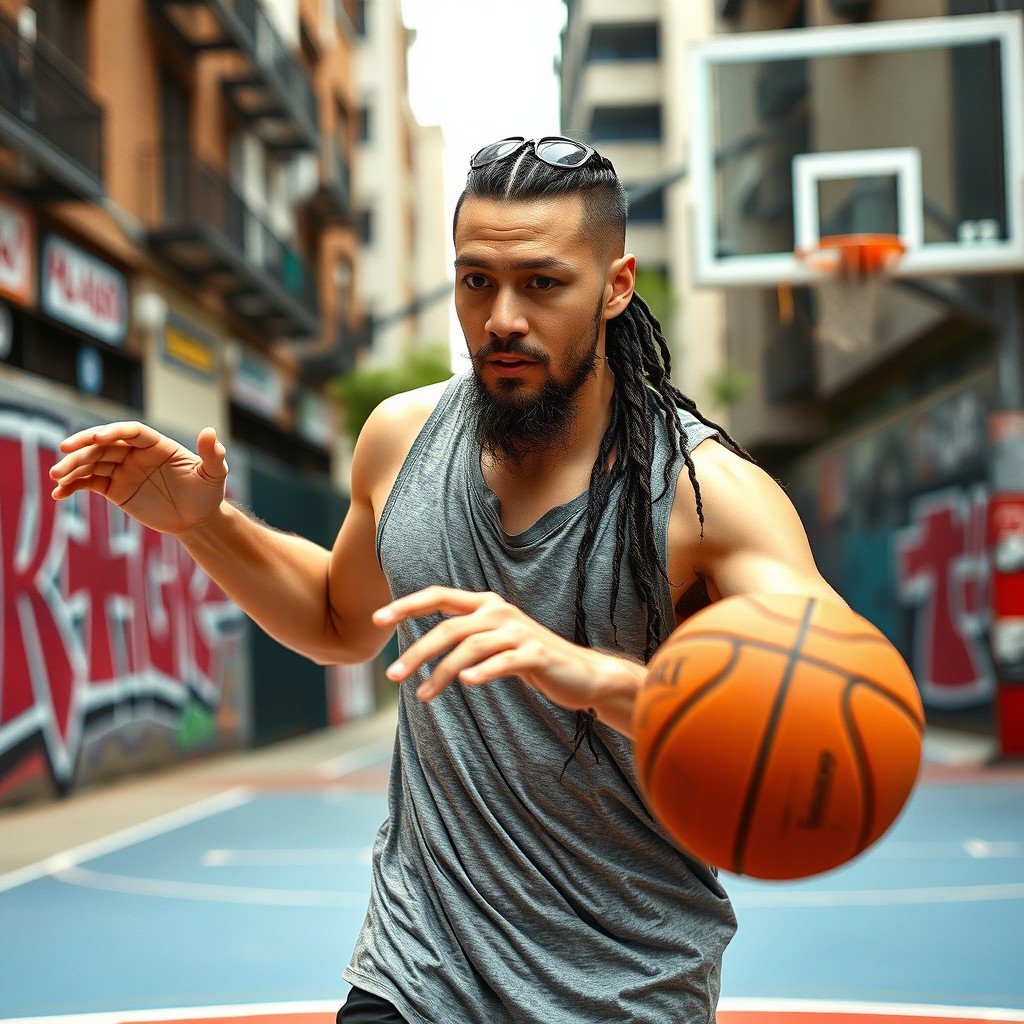 A Japanese male street basketball player demonstrating athleticism on an urban basketball court