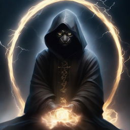 A mysterious man with a black mask and a hooded robe adorned with lion knight symbolism, sits in meditative silence, engulfed in a shield of pulsating lightning energy.