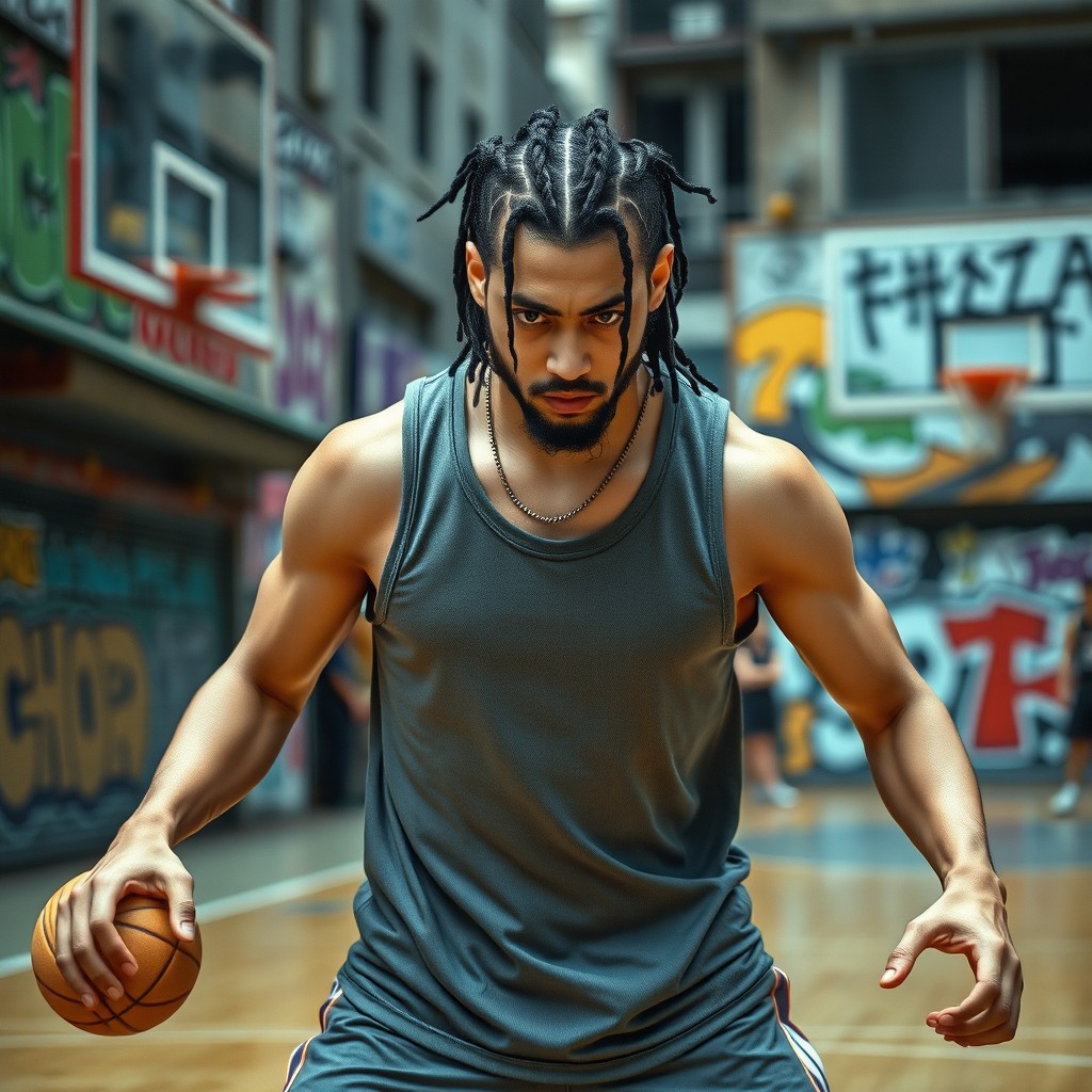A Japanese male street basketball player in a triple threat stance, poised for action on the court